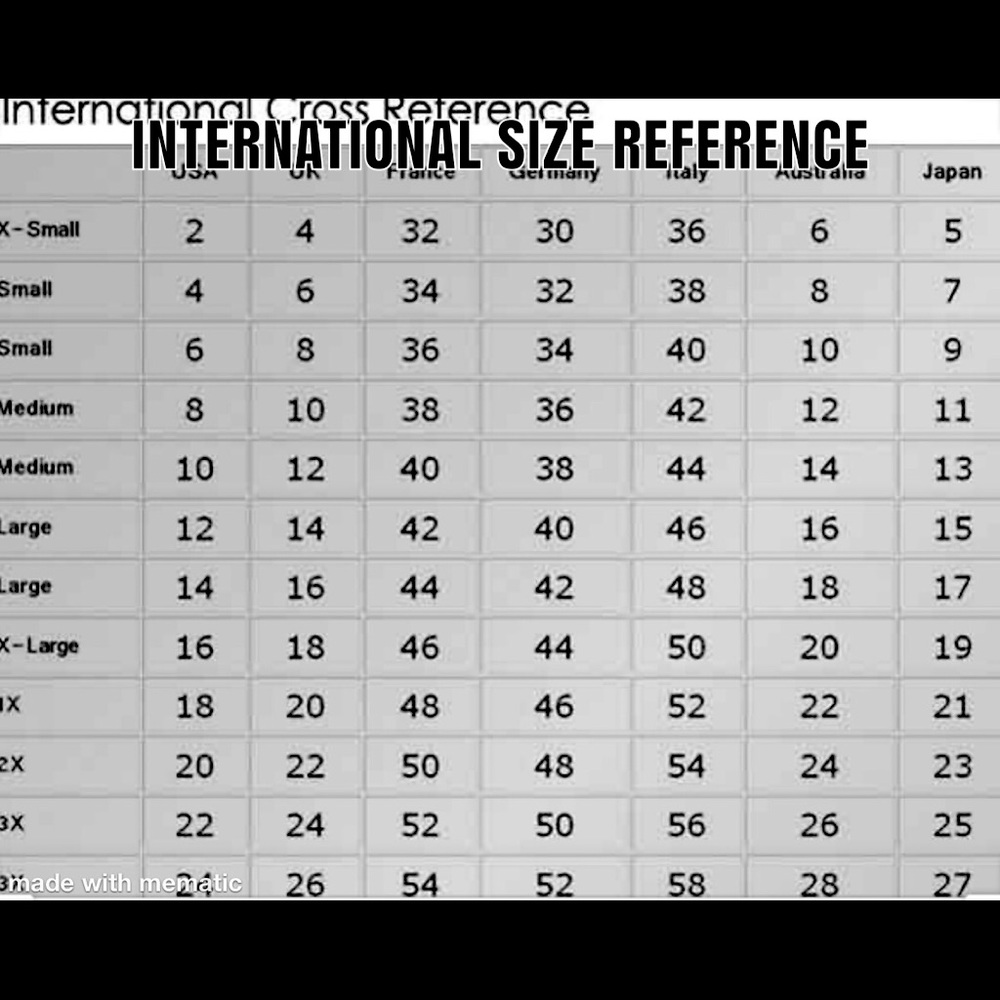INTERNATIONAL CLOTHING SIZE REFERENCE CHART